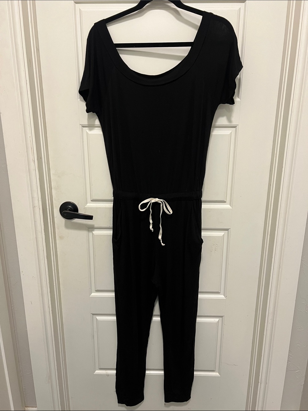 Black Short-Sleeve Drawstring Jumpsuit